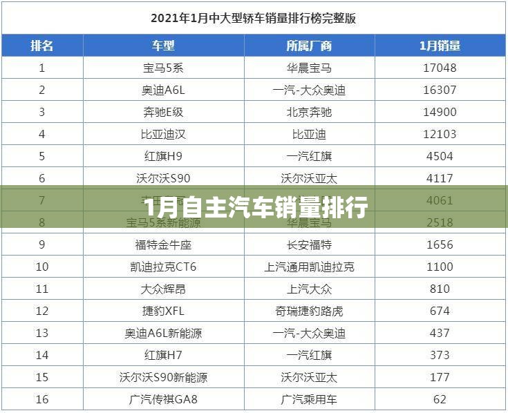 1月自主汽车销量排行